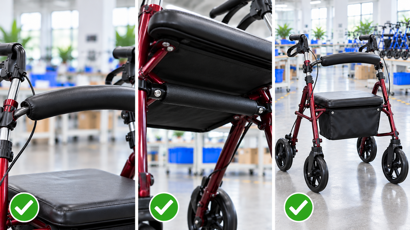 Photoreal rollator seat support bar review chart showing product identity, component, sample, service check and blank record