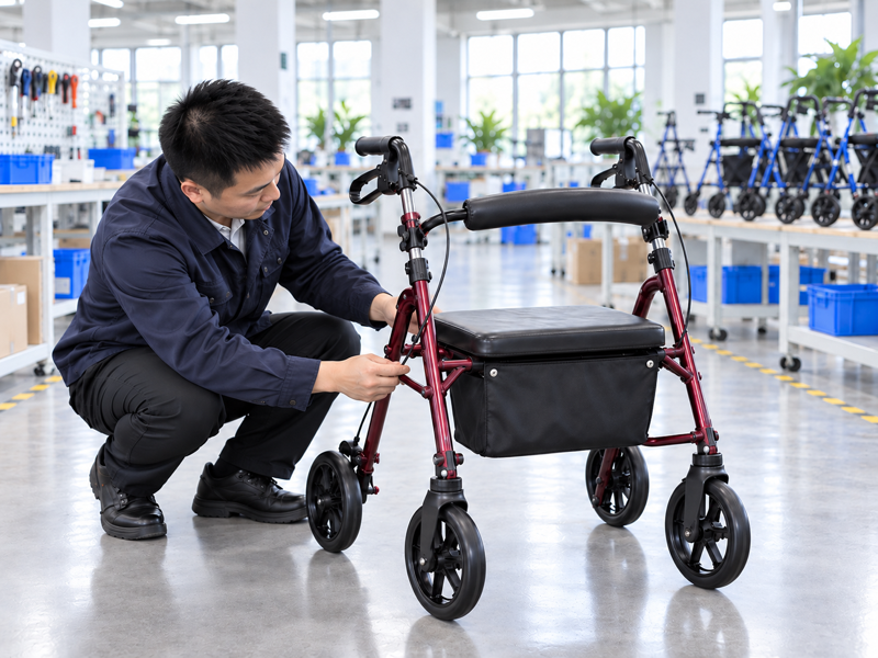 Illustrative East Asian product team reviewing the seat support bar on a complete rollator in a mainland China showroom