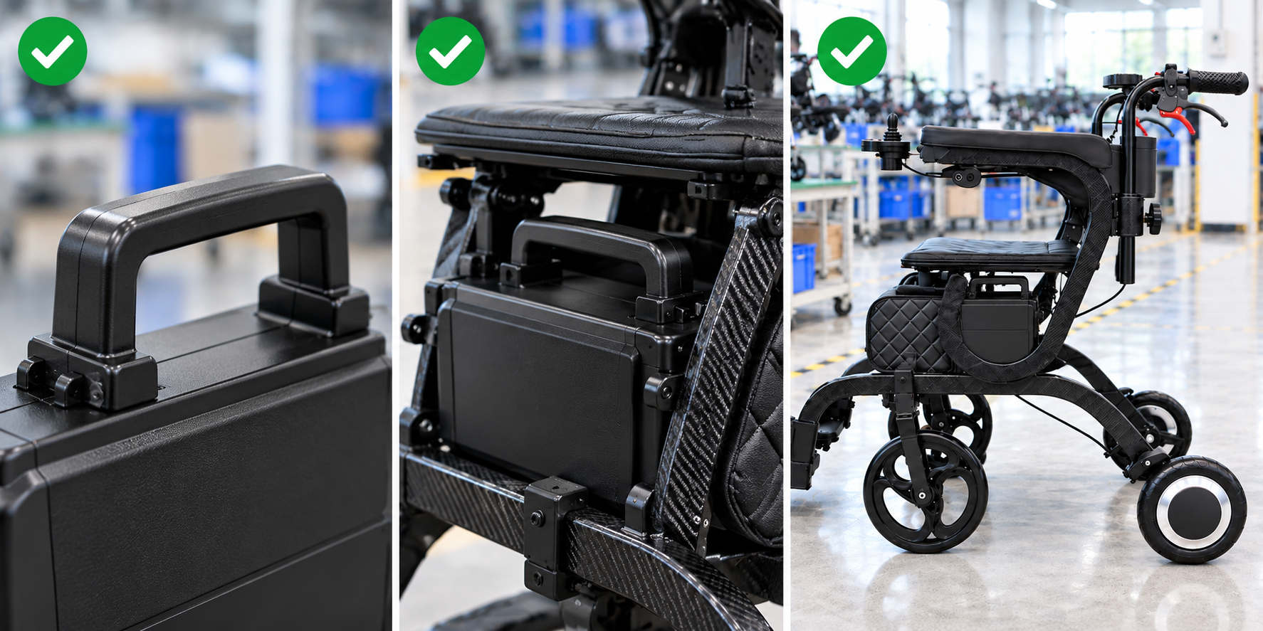 Photoreal electric walker battery handle review chart showing product identity, component, sample, service check and blank record