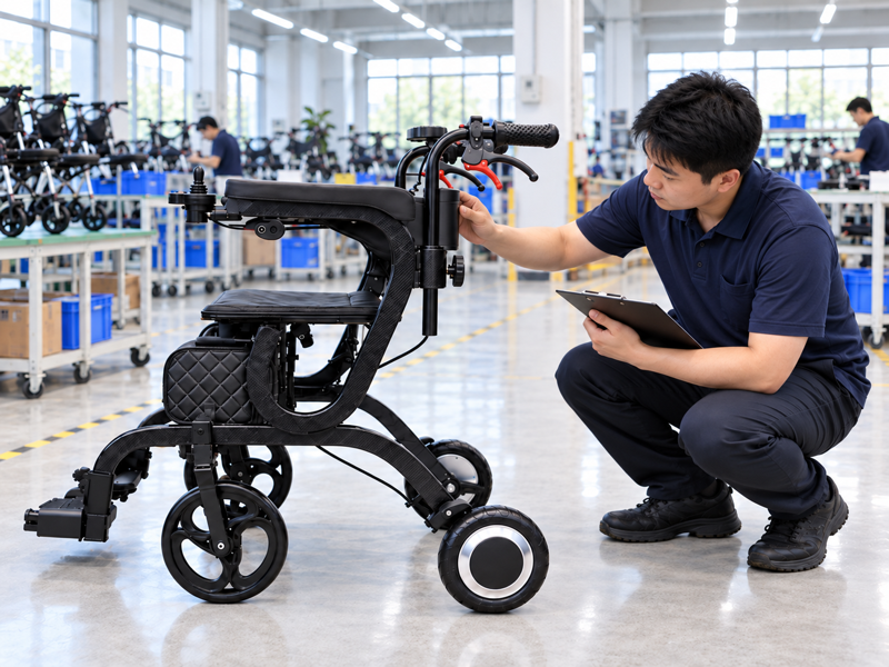 Illustrative East Asian product team reviewing the battery handle on a complete electric walker in a mainland China showroom
