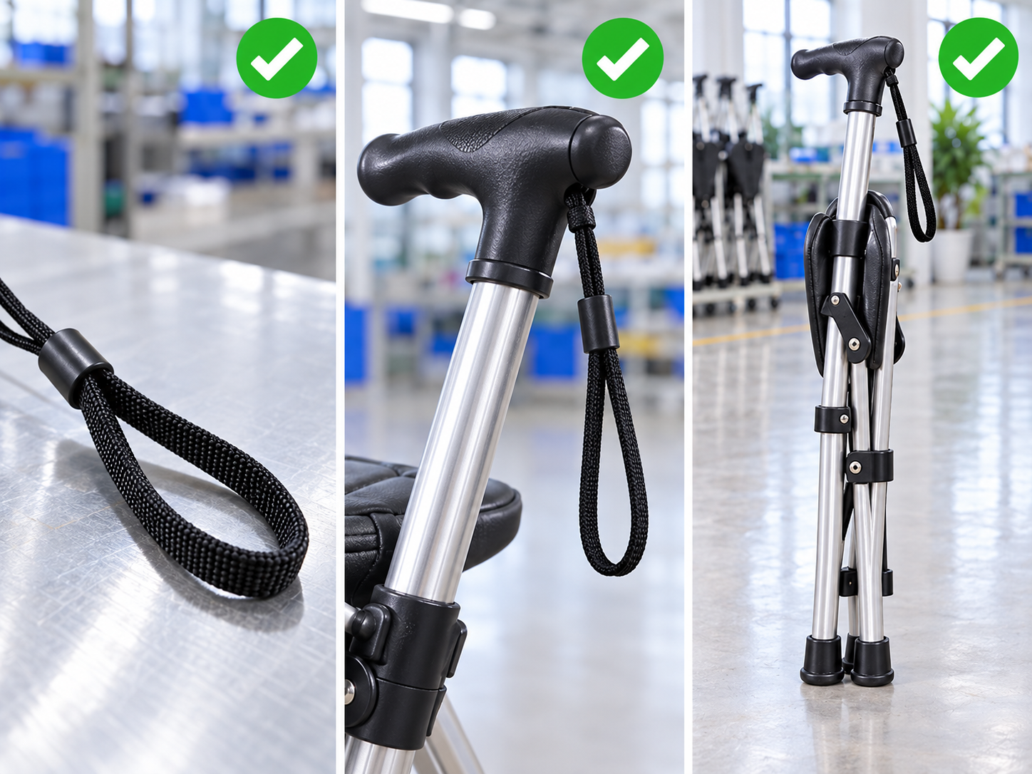 Photoreal cane seat wrist strap review chart showing product identity, component, sample, service check and blank record