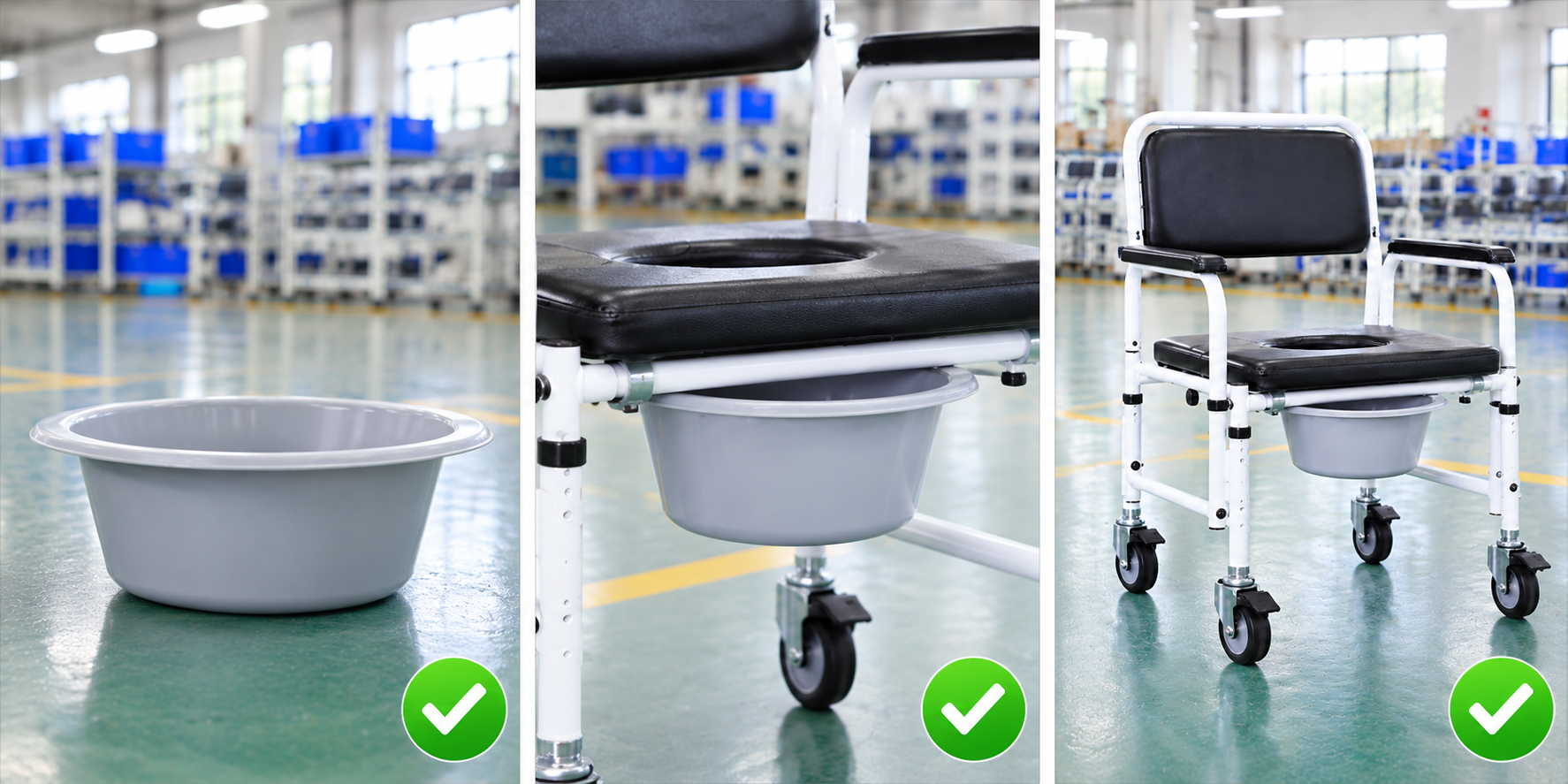 Photoreal commode chair splash guard review chart showing product identity, component, sample, service check and blank record