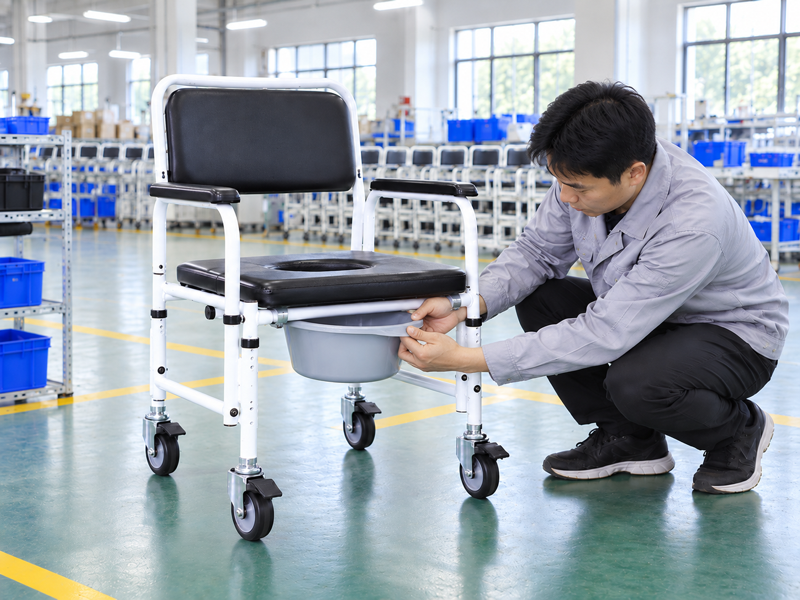Illustrative East Asian product team reviewing the splash guard on a complete commode chair in a mainland China showroom