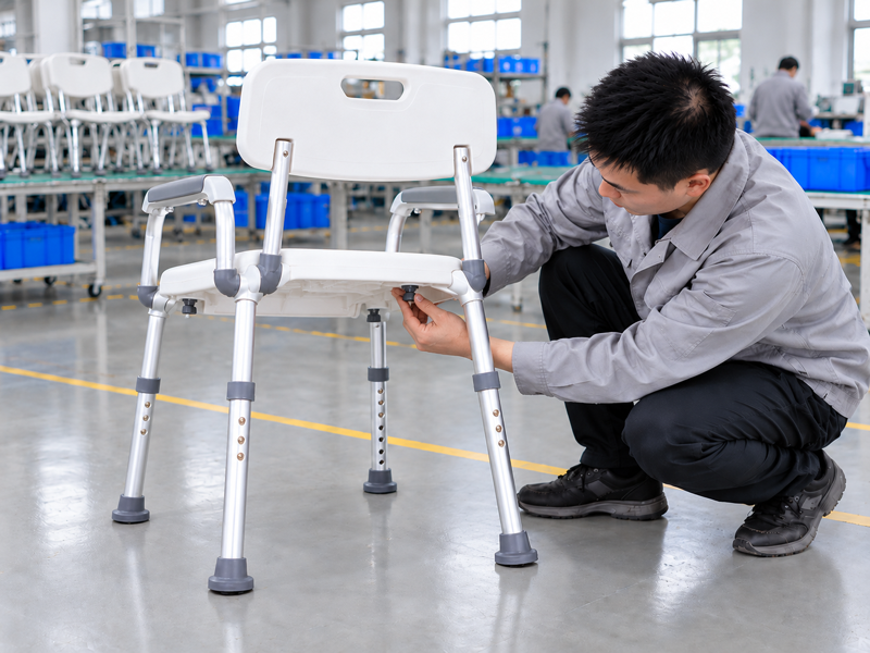 Illustrative East Asian product team reviewing the seat clip on a complete shower chair in a mainland China showroom