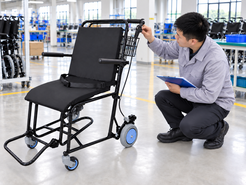 Illustrative East Asian product team reviewing the basket clip on a complete airport chair in a mainland China showroom