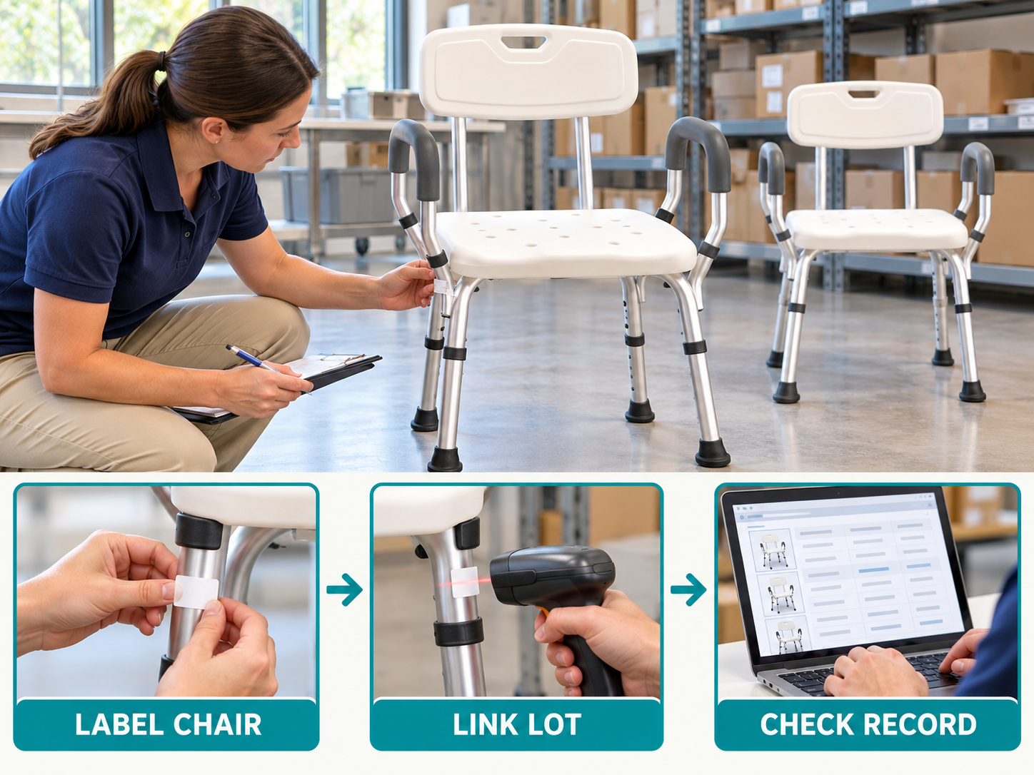 Illustrative shower chair batch labels workflow chart with photographic steps; no test results