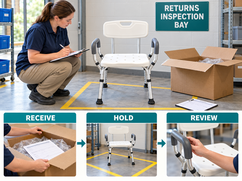 Shower chair return checks illustrated with a product scene and process chart