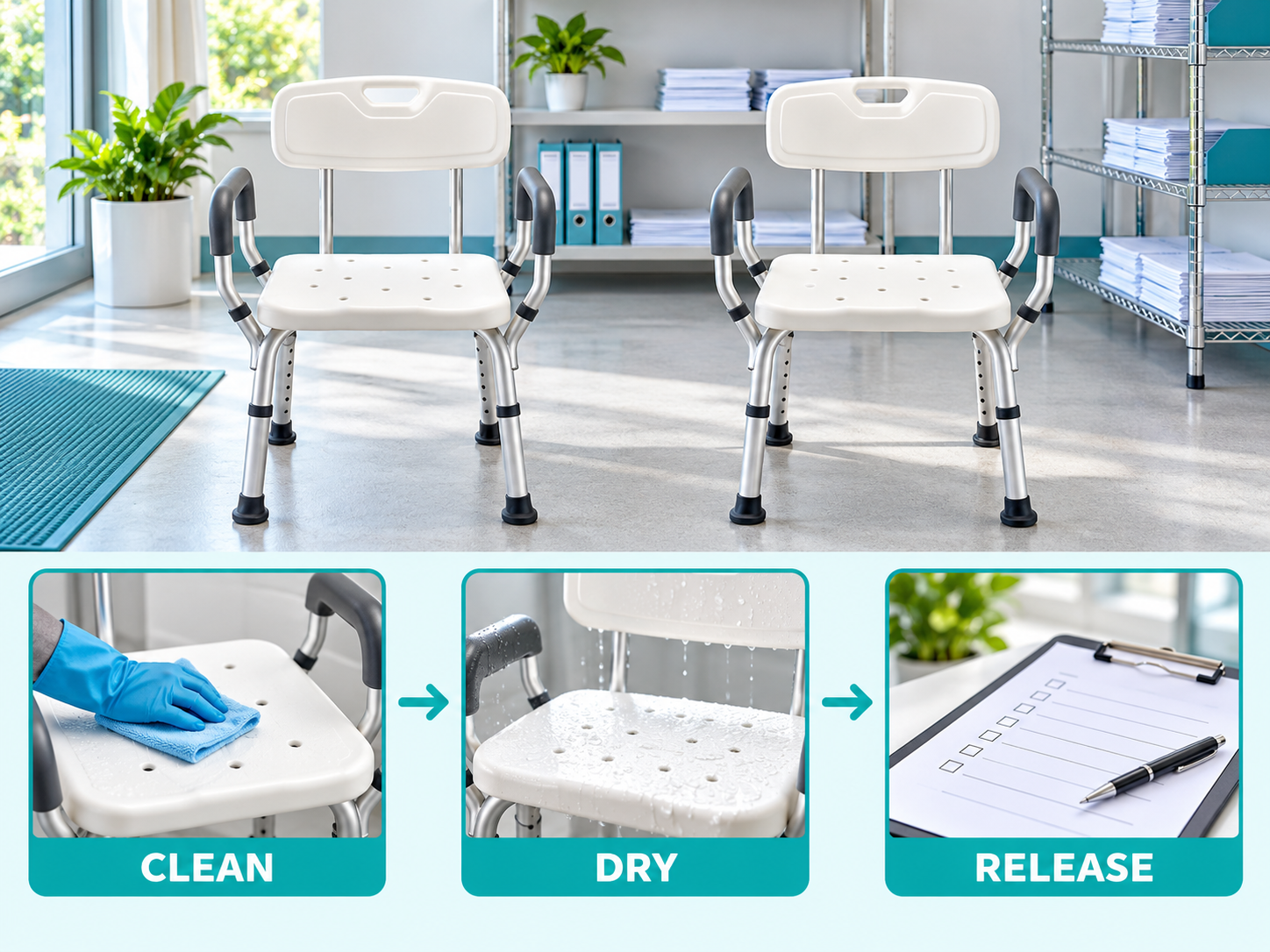 Illustrative shower chair drying storage workflow chart with photographic steps; no test results