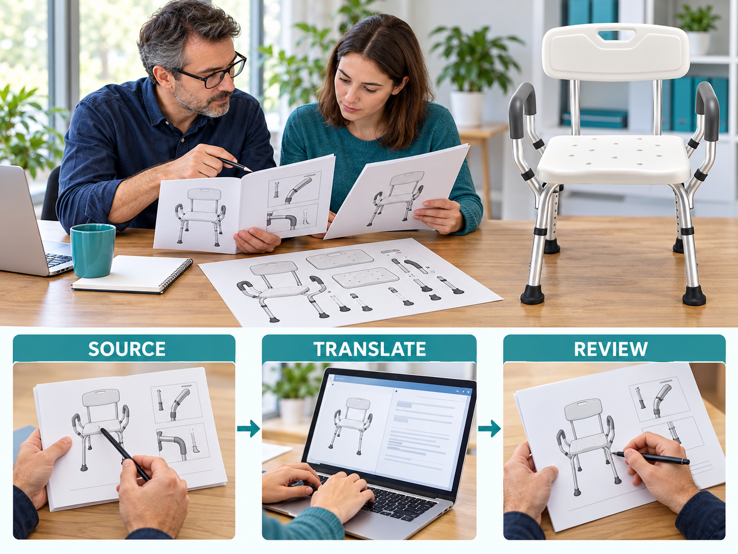 Illustrative shower chair manual translation workflow chart with photographic steps; no test results