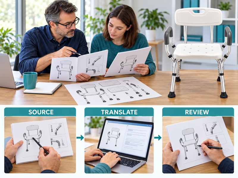 Shower chair manual translation illustrated with a product scene and process chart