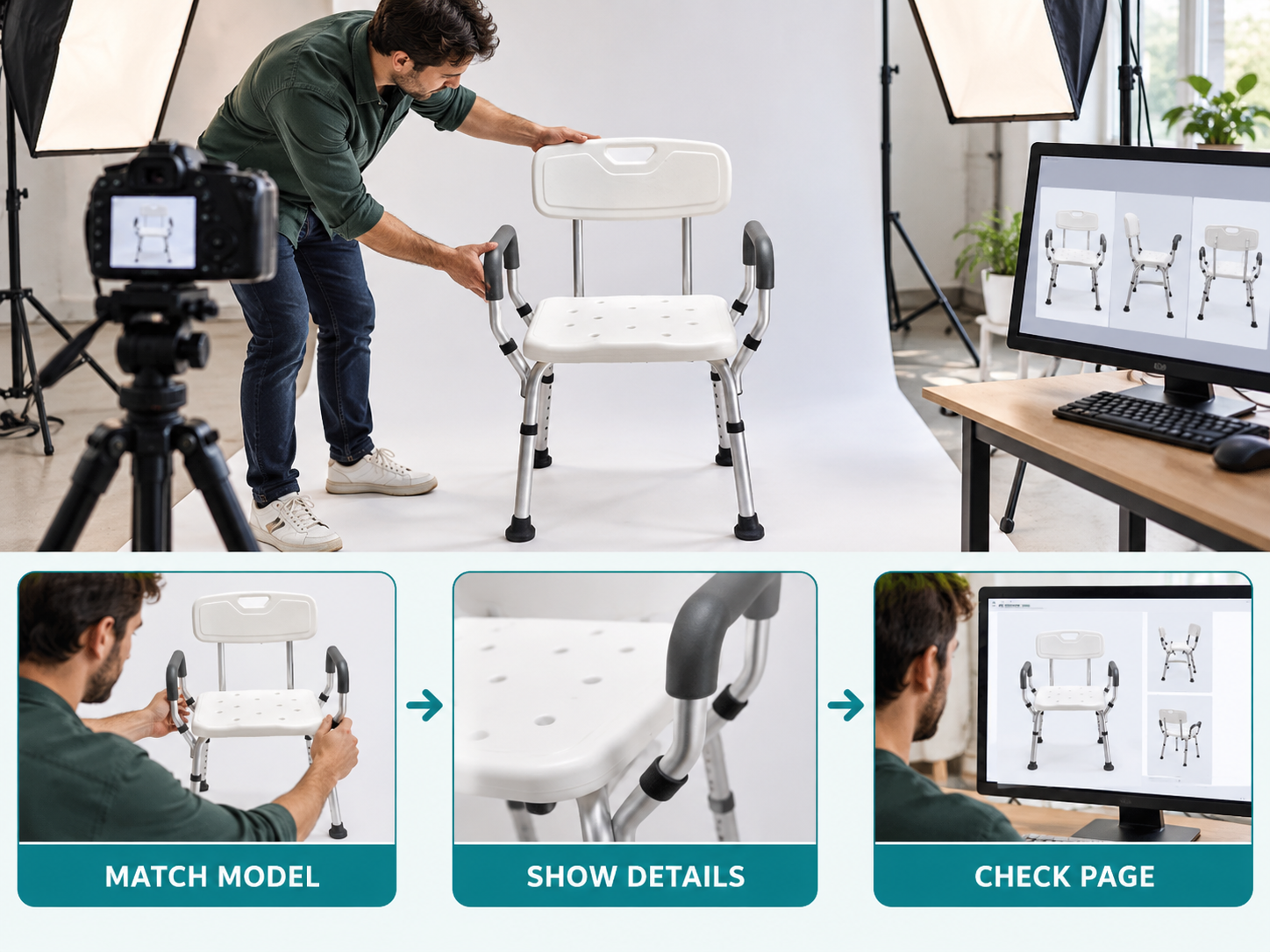 Illustrative shower chair online listing workflow chart with photographic steps; no test results