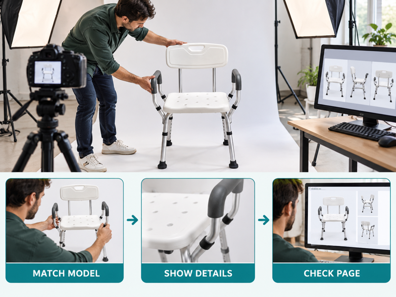Shower chair online listing illustrated with a product scene and process chart