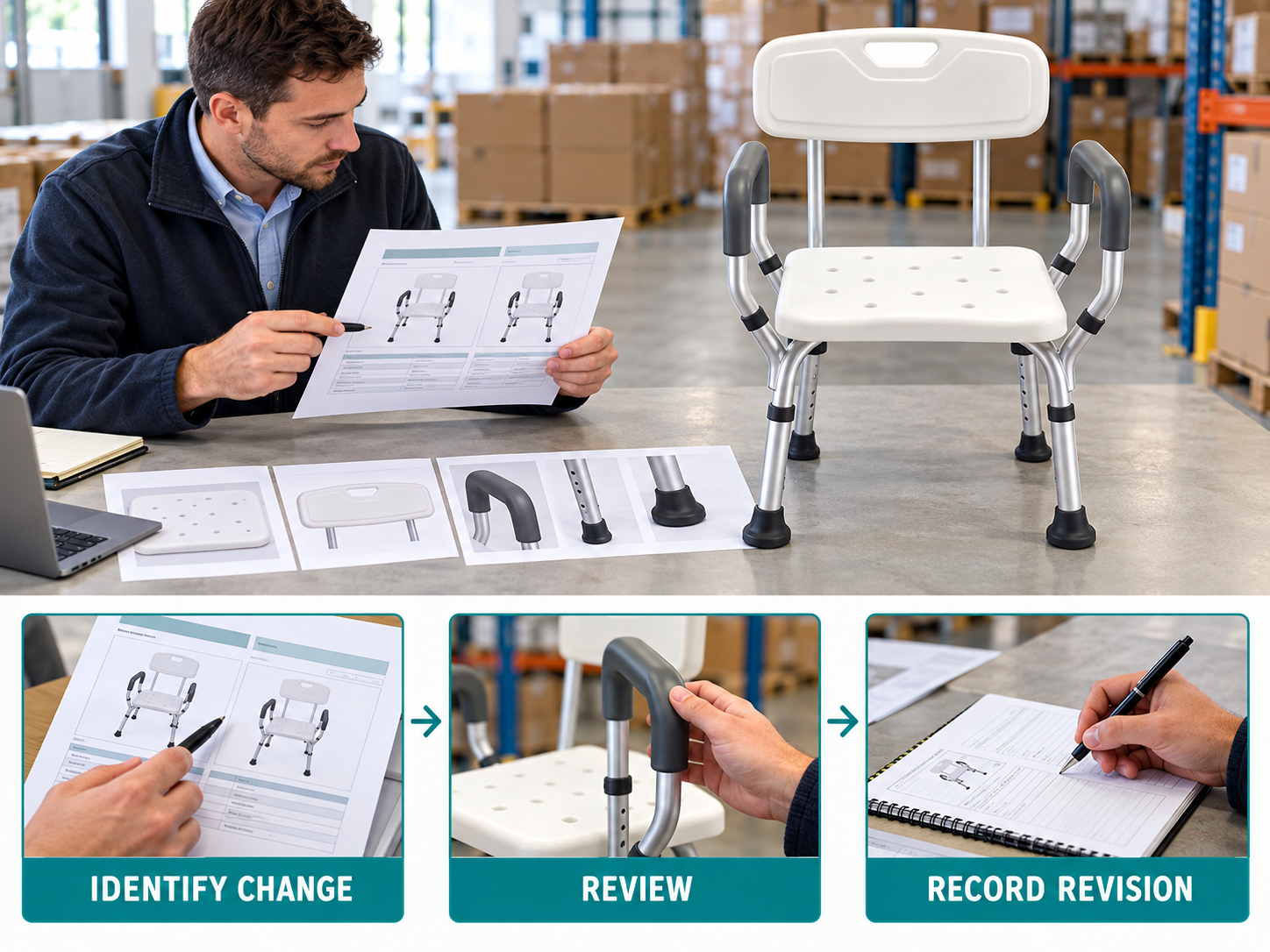 Illustrative shower chair model changes workflow chart with photographic steps; no test results