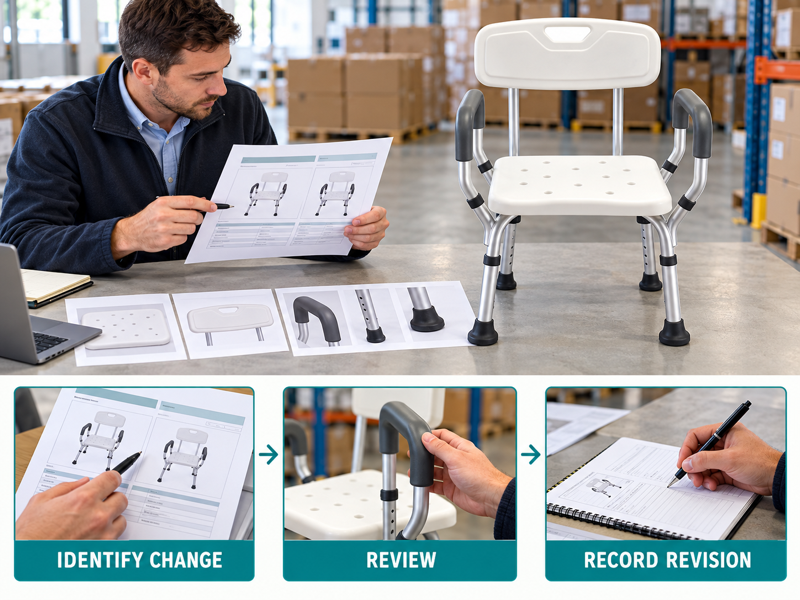 Shower chair model changes illustrated with a product scene and process chart