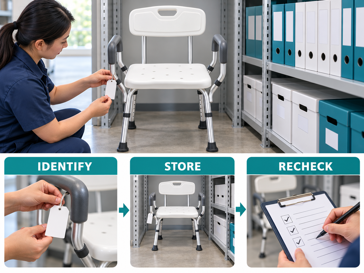 Illustrative shower chair sample retention workflow chart with photographic steps; no test results