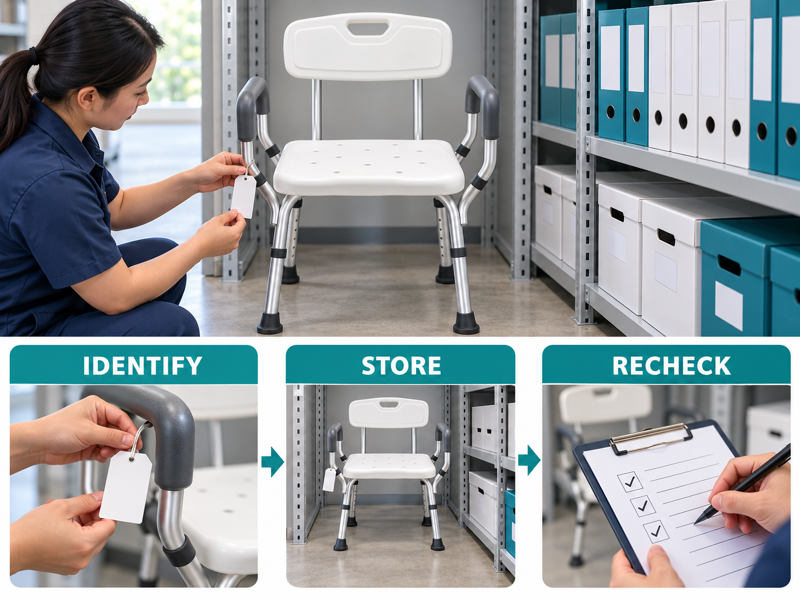 Shower chair sample retention illustrated with a product scene and process chart