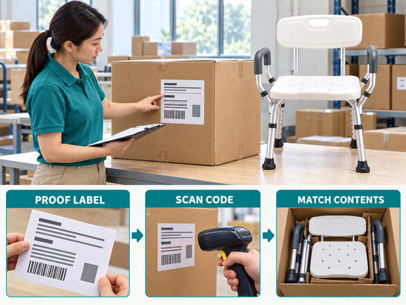 Shower chair carton labels illustrated with a product scene and process chart