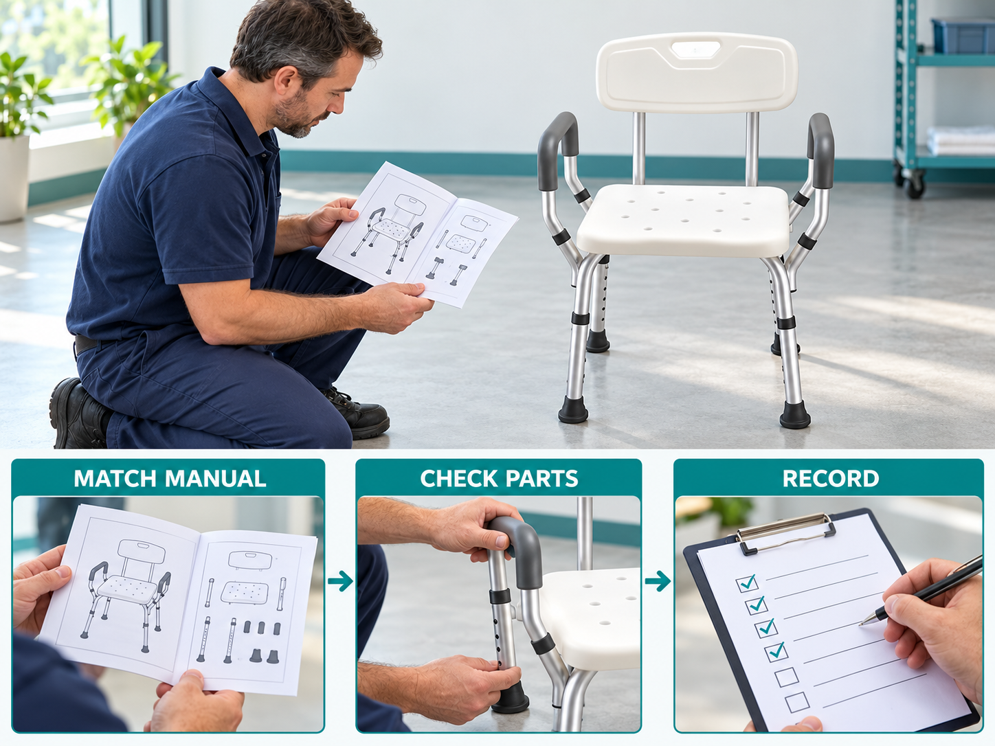 Illustrative shower chair assembly checks workflow chart with photographic steps; no test results