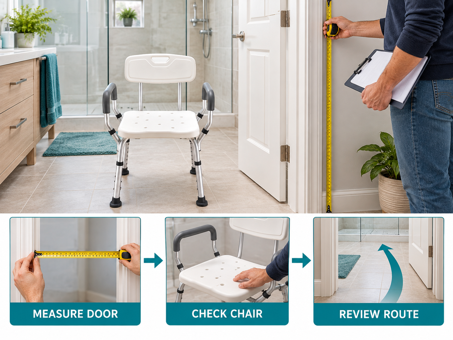 Illustrative shower chair door clearance workflow chart with photographic steps; no test results