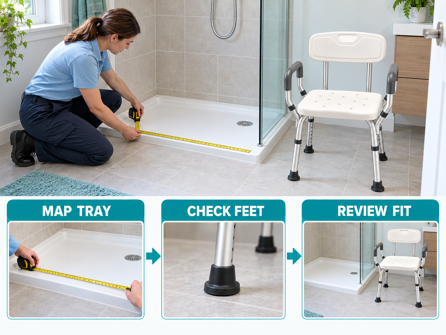 Illustrative shower chair tray footprint workflow chart with photographic steps; no test results