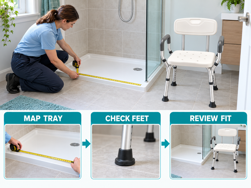 Shower chair tray footprint illustrated with a product scene and process chart