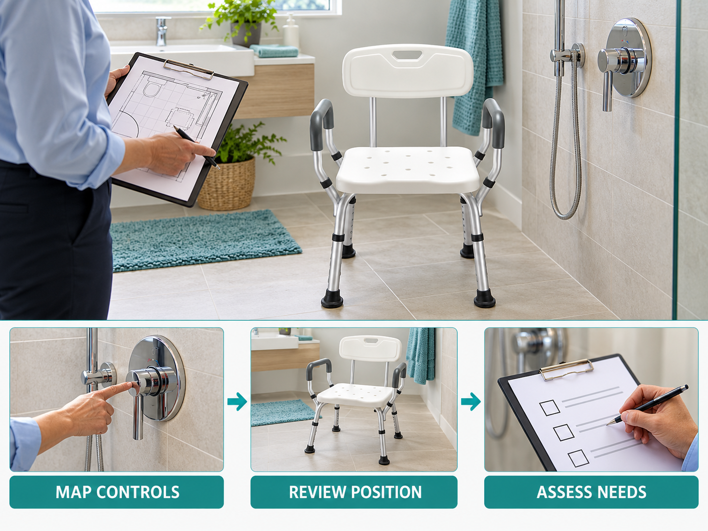 Illustrative shower chair tap reach workflow chart with photographic steps; no test results