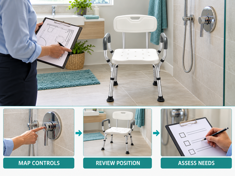 Shower chair tap reach illustrated with a product scene and process chart