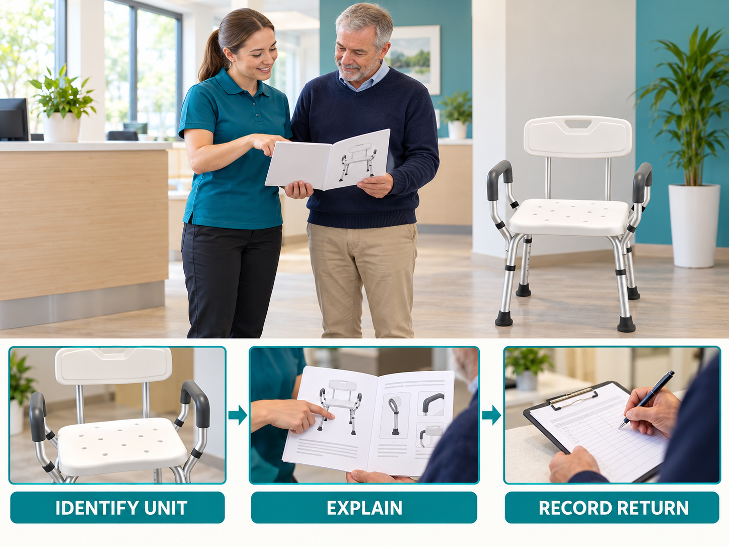 Illustrative shower chair rental handover workflow chart with photographic steps; no test results