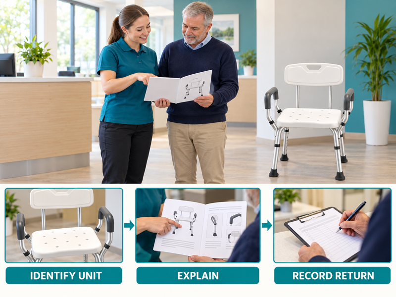Shower chair rental handover illustrated with a product scene and process chart