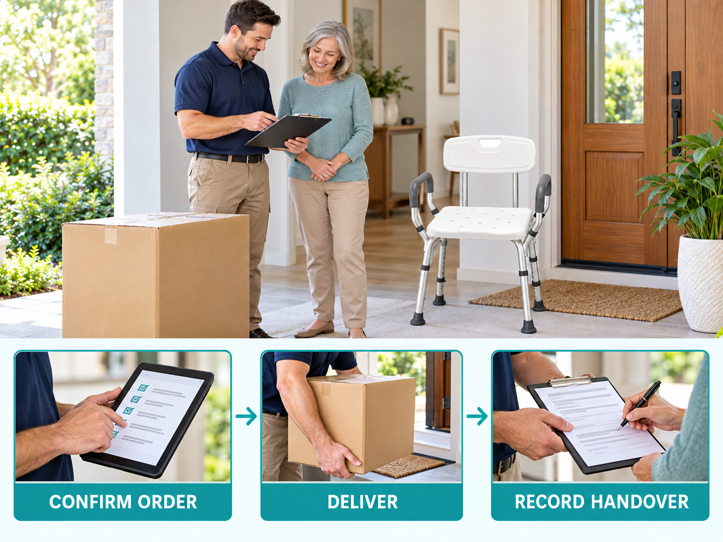 Illustrative shower chair home delivery workflow chart with photographic steps; no test results