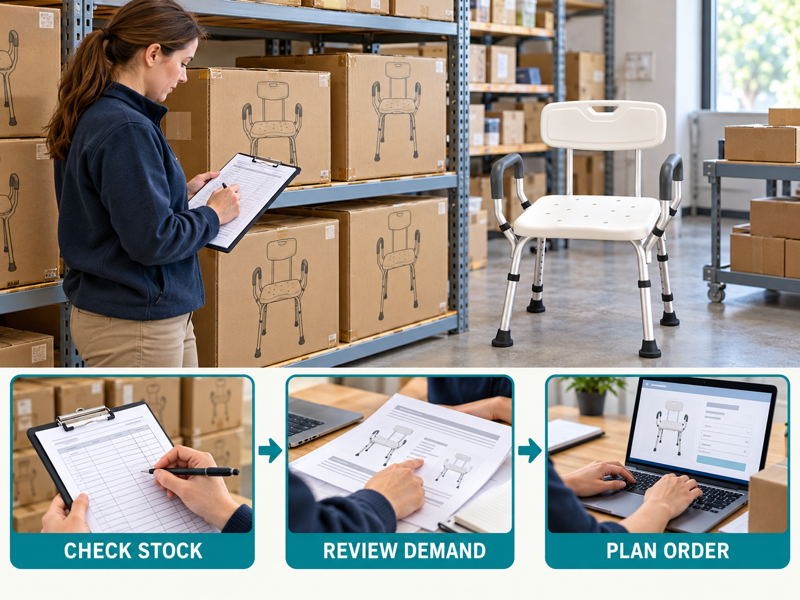 Shower chair reorder plan illustrated with a product scene and process chart