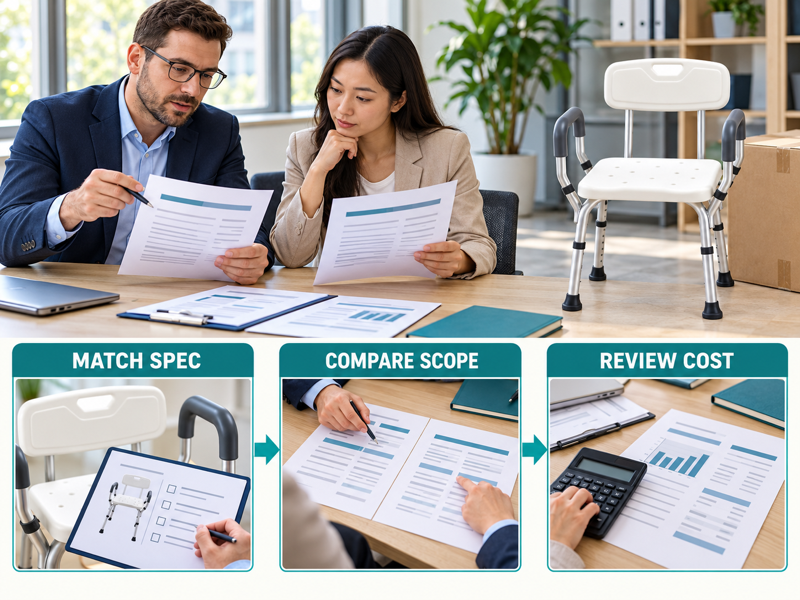 Shower chair cost review illustrated with a product scene and process chart