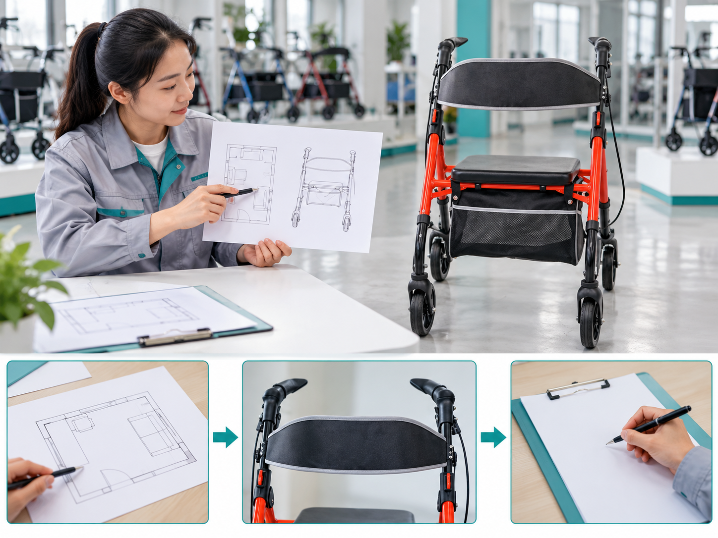 Illustrative rollator walking frame comparison workflow chart with photographic steps; no test results