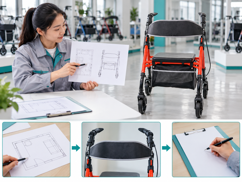 Rollator walking frame comparison illustrated with a product scene and process chart