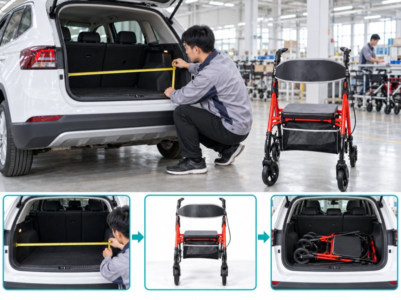 Rollator car boot fit illustrated with a product scene and process chart