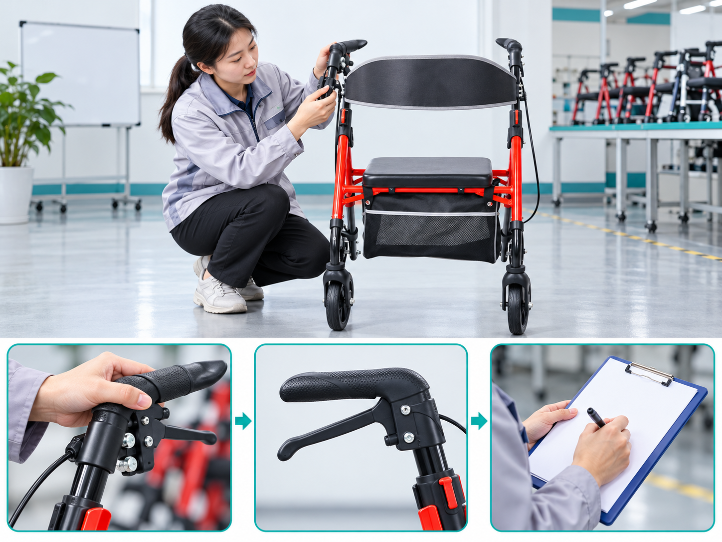Illustrative rollator brake reach workflow chart with photographic steps; no test results