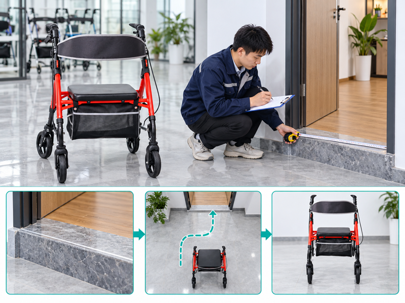 Rollator doorstep access illustrated with a product scene and process chart