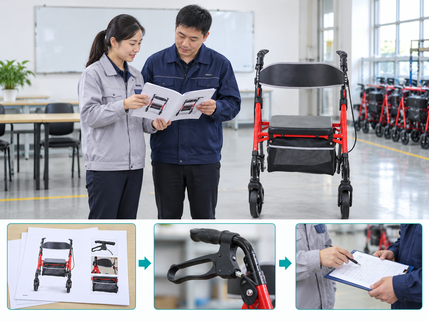 Illustrative rollator user handover workflow chart with photographic steps; no test results