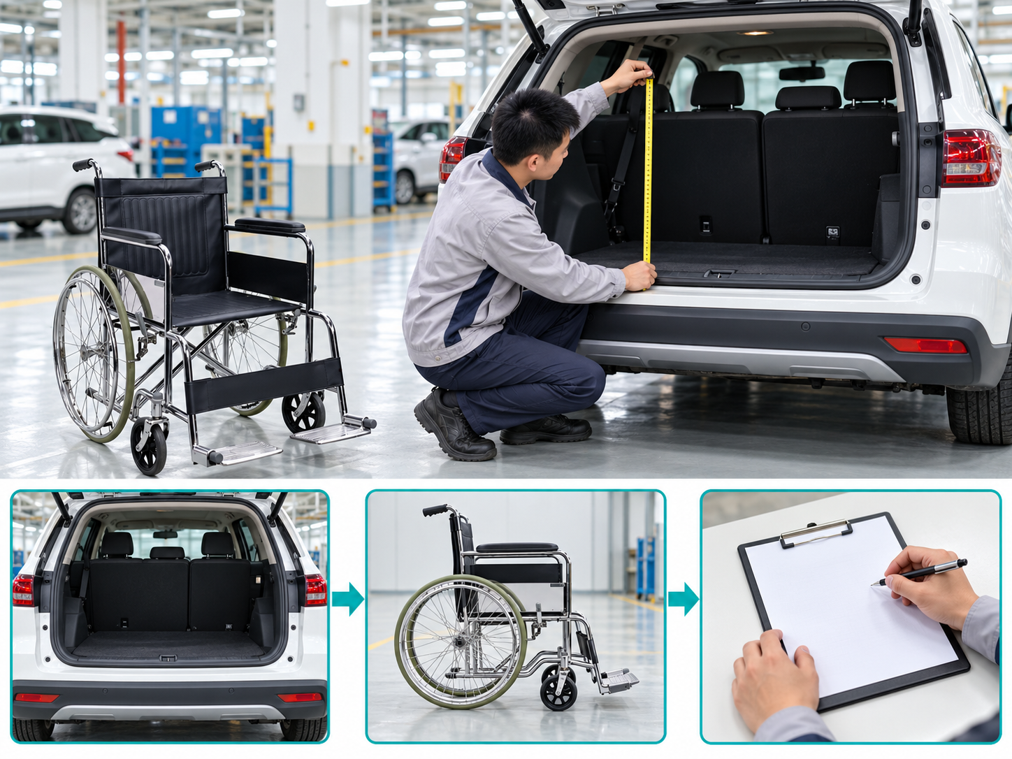 Illustrative manual wheelchair transport fit workflow chart with photographic steps; no test results
