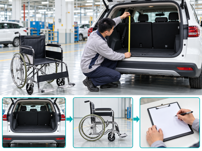 Manual wheelchair transport fit illustrated with a product scene and process chart