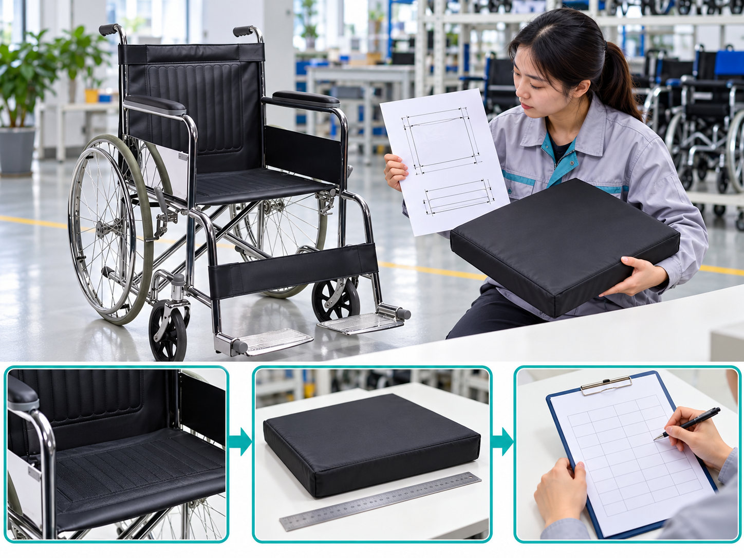Illustrative manual wheelchair cushion fit workflow chart with photographic steps; no test results