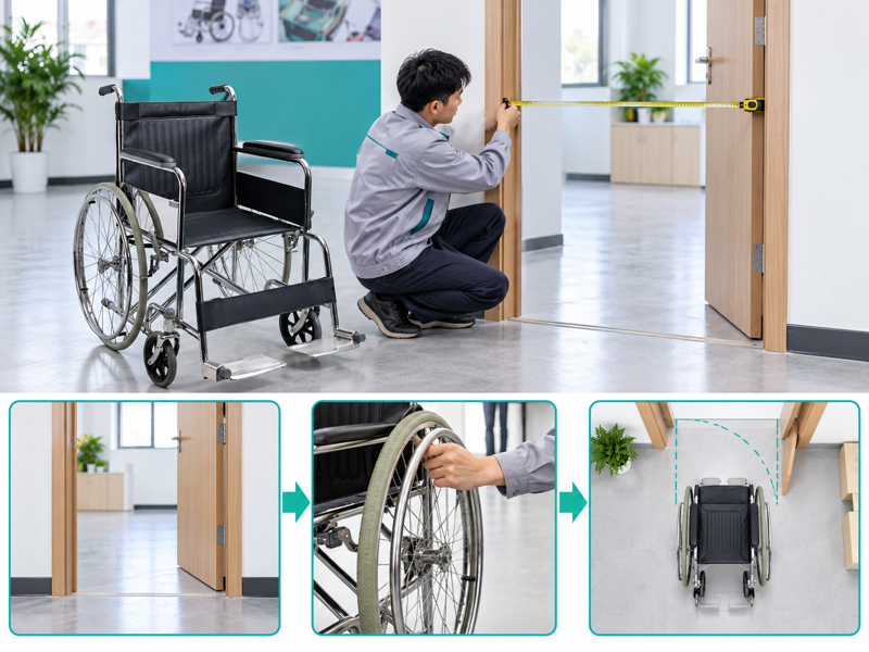 Manual wheelchair doorway access illustrated with a product scene and process chart