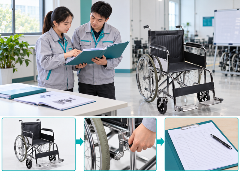Manual wheelchair user handover illustrated with a product scene and process chart
