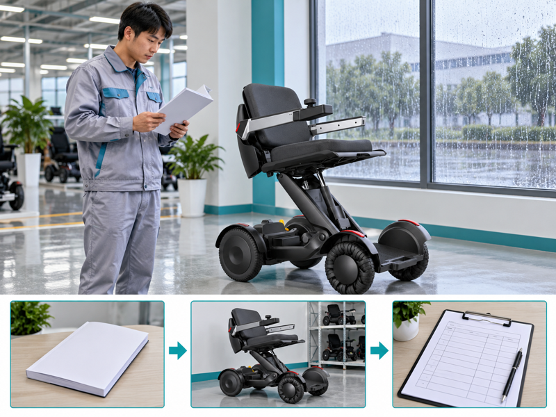 Power chair rain exposure illustrated with a product scene and process chart
