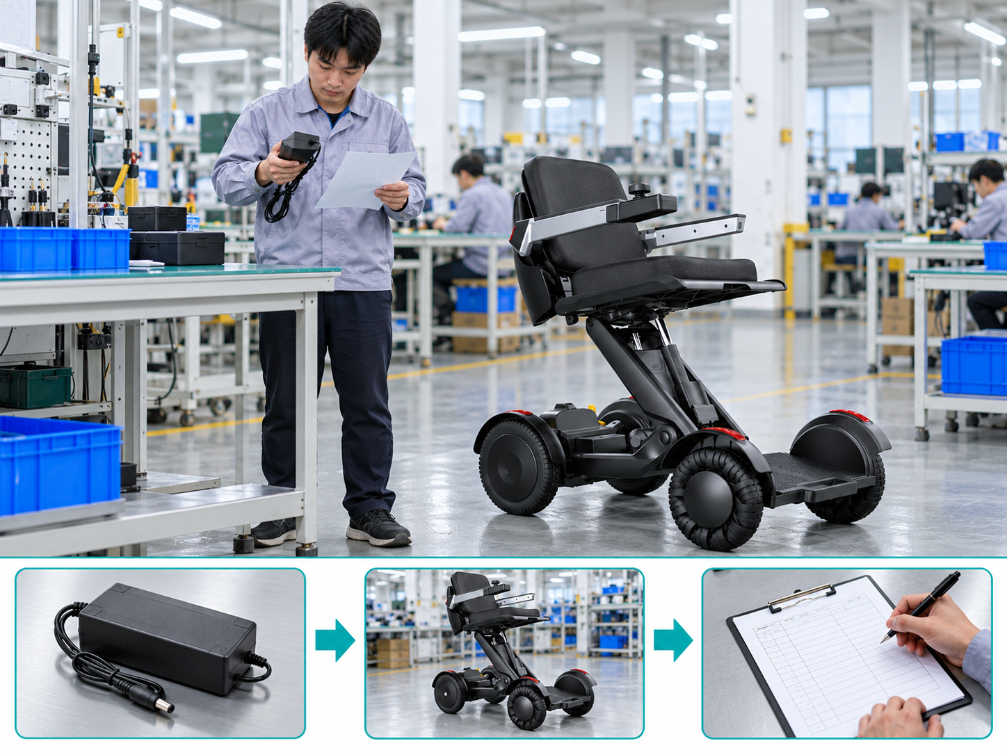 Illustrative power chair charger matching workflow chart with photographic steps; no test results