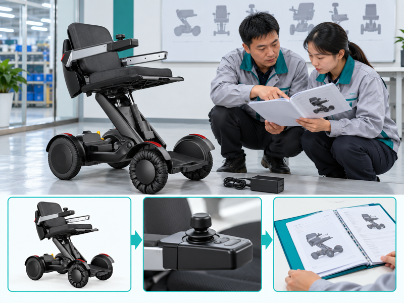 Power chair handover checklist illustrated with a product scene and process chart