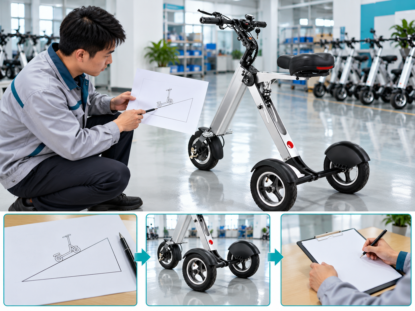Illustrative mobility scooter hill rating workflow chart with photographic steps; no test results