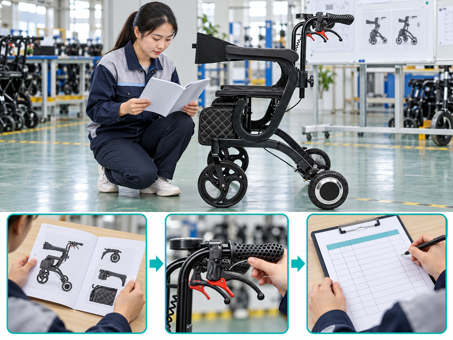Illustrative electric walker mode selection workflow chart with photographic steps; no test results