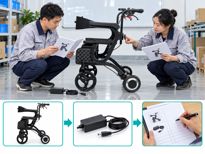 Electric walker care handover illustrated with a product scene and process chart