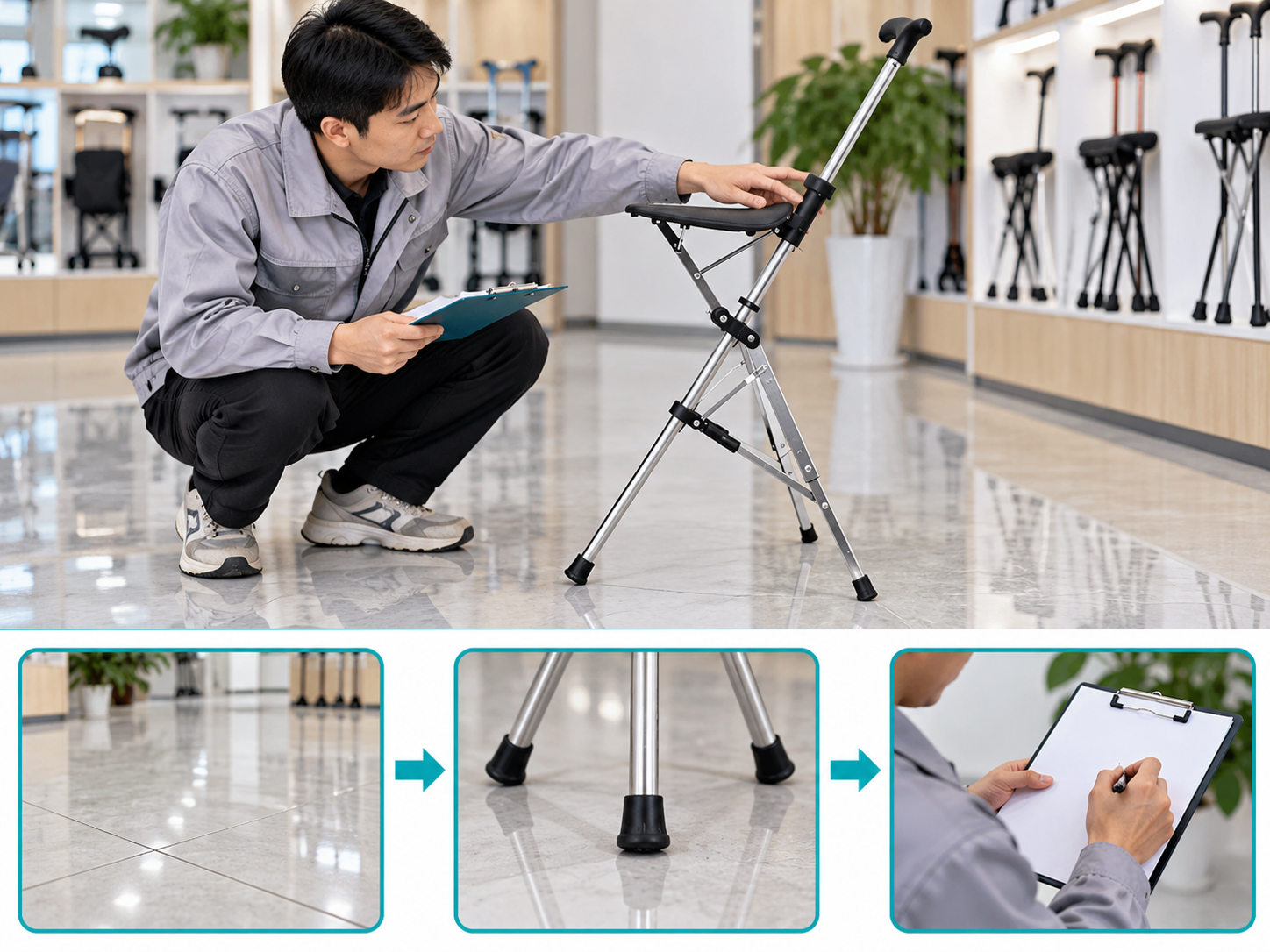 Illustrative cane seat ground conditions workflow chart with photographic steps; no test results